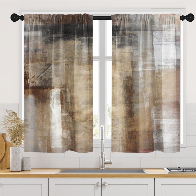 Tayney Brown Beige Kitchen Curtains 45 Inch Length Modern Abstract Painting Art Window Short Tier Curtains Over Sink Set of 2, Grey Contemporary Vintage Small Kitchen Decor 34x45 Inch - Image 1